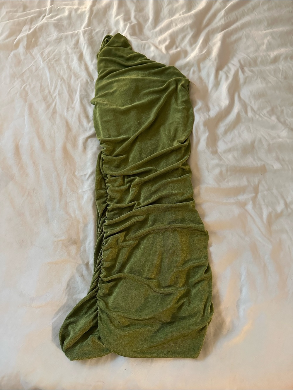 One-Shoulder Olive Green Ruched Dress